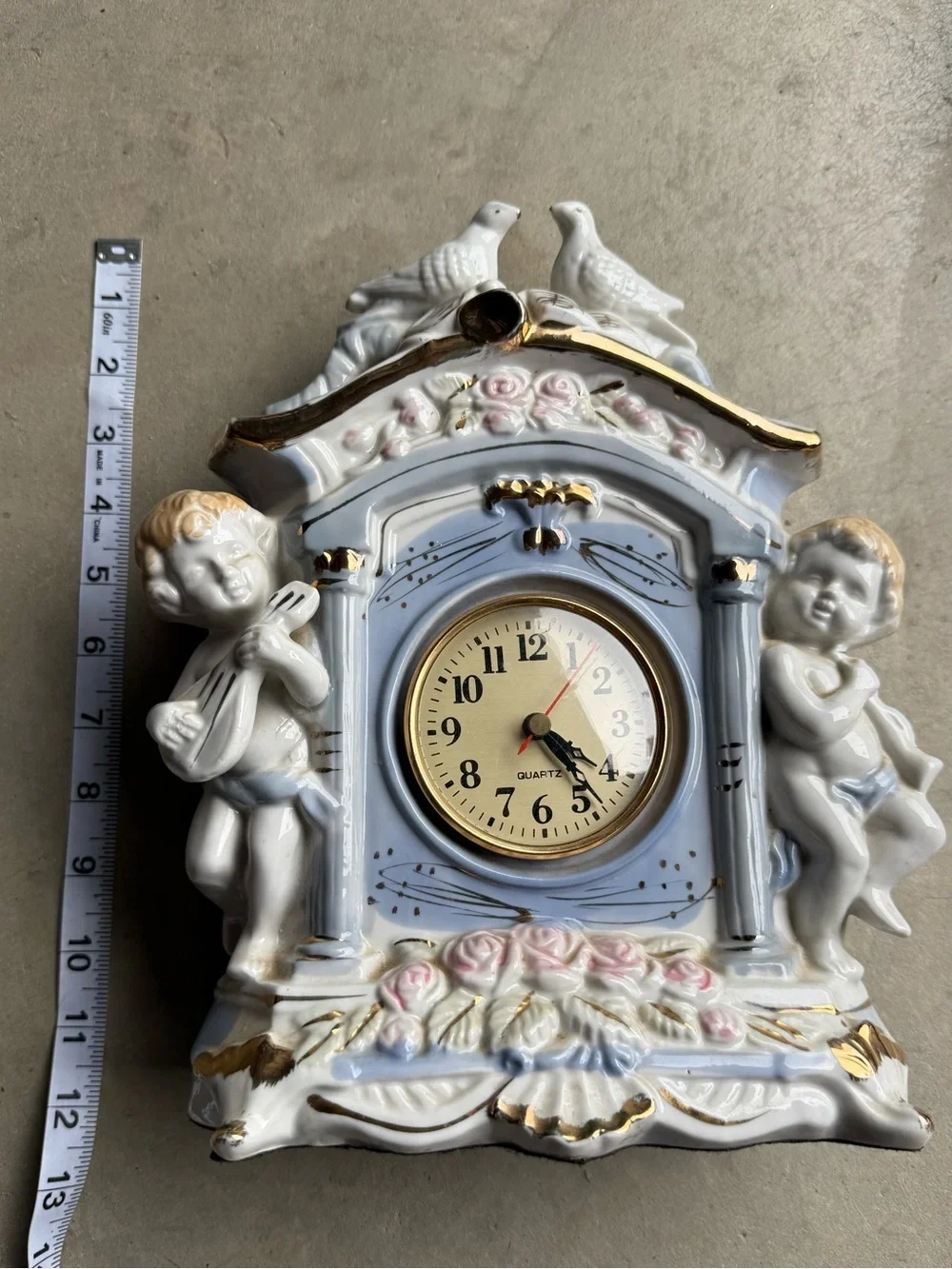 Porcelain Cherub Mantel Clock Wall Decor in White and Gold